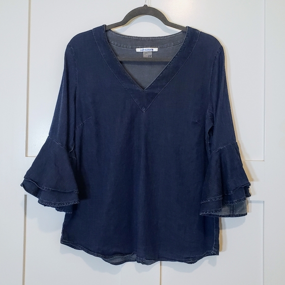 NYGARD Lyocell Chambray Denim V Neck Tunic Stretch Bell Sleeves Size Med… - Picture 1 of 11